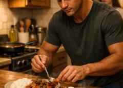 Scene / Environment A warm indoor kitchen environment with wooden cabinets, tiled backsplash, and a countertop used for food preparation. A stovetop with a pan and cooking utensils is visible on the left side. Cooking tools such as wooden spoons and containers sit near the stove. Two plates of food are placed on the wooden countertop in the foreground. A doorway in the background leads to another room where a second person is partially visible.  Main Subject(s) An adult man (approximately mid-20s to early-30s).  Gender: male  Skin tone: medium tan / warm brown  Hair: dark brown or black, short length, slightly messy or tousled texture  Build: athletic / muscular upper body  Facial expression: neutral to slightly serious, focused downward while concentrating on the food he is plating.  Supporting Characters A second adult person visible in the background doorway.  Gender: female  Age range: young adult (approximately 20s)  Skin tone: light skin tone  Hair: long brown hair, straight or slightly wavy  Facial expression: neutral to mildly concerned or curious while looking toward the man in the kitchen.  Clothing & Accessories  Man: dark green or dark gray short-sleeve T-shirt, no visible accessories.  Woman: light-colored top (appears white or off-white), casual clothing, no visible accessories.  Body Language & Emotions  The man stands slightly leaning over the countertop while using a utensil to arrange food on a plate, suggesting careful preparation or plating of a meal.  His posture indicates concentration and quiet focus.  The woman stands partly behind the doorway frame with one hand on the doorframe, watching the scene with a cautious or concerned posture.  Lighting & Atmosphere Warm indoor lighting from kitchen lights creates soft highlights on the countertop and subjects. The atmosphere feels intimate and domestic, with gentle shadows and a slightly cinematic warmth.  Art Style Photorealistic, cinematic food-preparation scene with shallow depth of field and warm color grading.  Food Details Visible Two plates of white rice served with a reddish-brown sauce dish containing vegetables (green beans and sliced vegetables) and pieces of meat or protein. Steam and sauce texture are visible, suggesting freshly cooked food.  Text Overlay (Required) Include the exact text overlay: “FOR ILLUSTRATIVE PURPOSES ONLY”  small  subtle  low opacity  simple sans-serif font  placed unobtrusively in a corner of the image.
